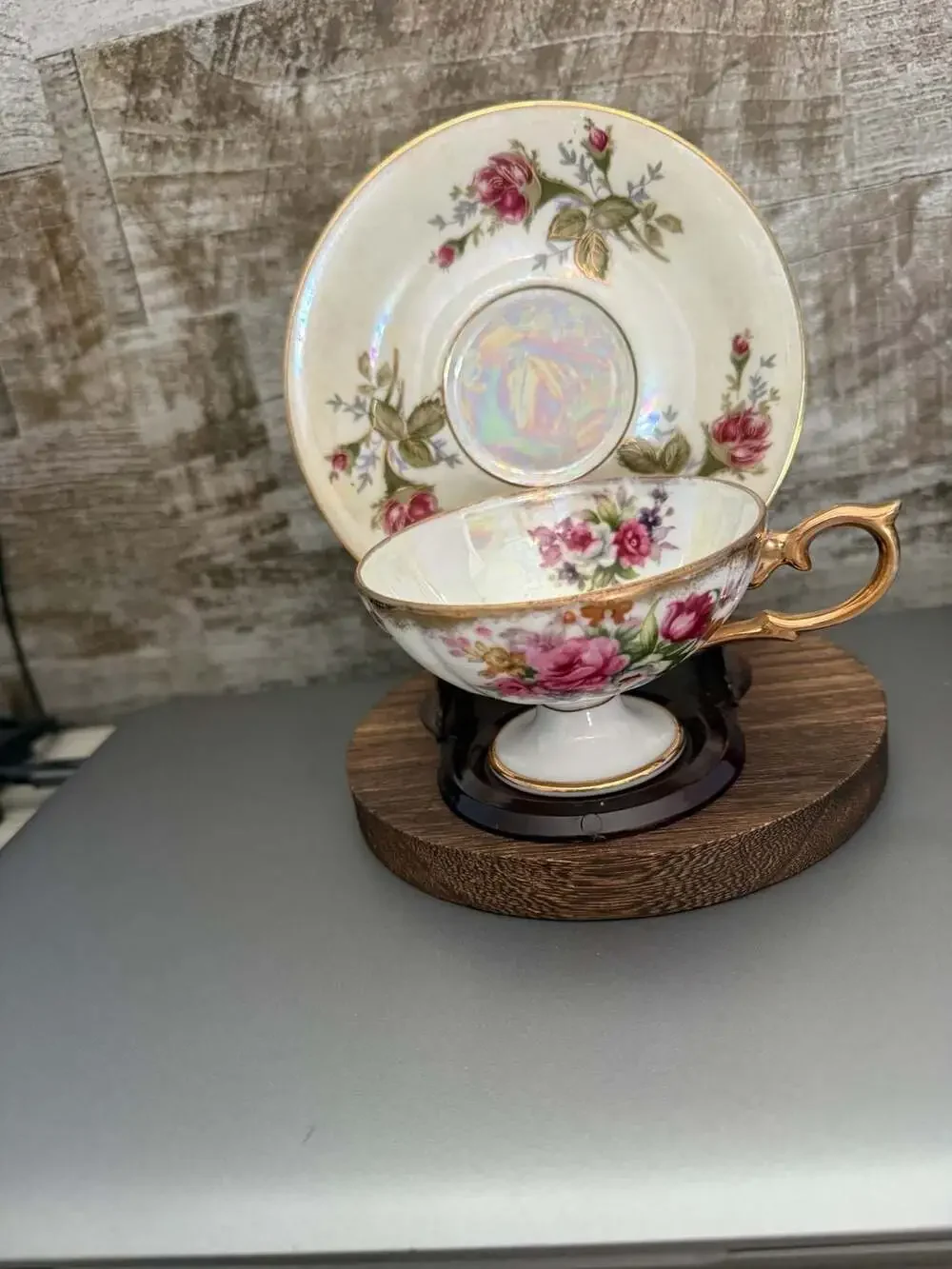 VTG Hand-Painted Footed Teacup and Saucer Set with Roses and Lusterware Finish